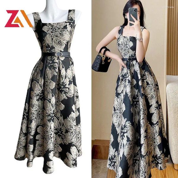 Lässige Kleider Zalady-vintage Langes Kleid für weibliche schicke und elegante Vintage Jacquard Tank Party Abend Luxusdesigner Mode
