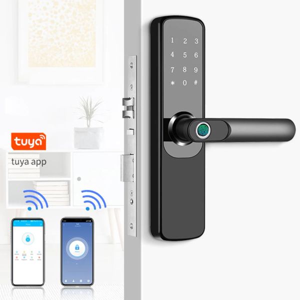 Bloquear Tuya Wi -Fi Lock de porta eletrônica com impressão digital biométrica /cartão inteligente /senha /app remoto bluetooth smart desbloqueio sem chave trava