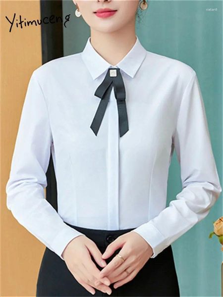 Frauenblusen Yitimuceng Bogen weiße Hemd Frauen Modebüro Damen drehen Kragen Slim Bluse Chic Casual Long Sleeve Vintage Tops ab