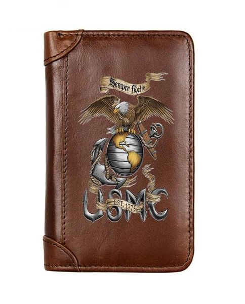 Carteiras de luxo carteira de couro genuíno Men dos Estados Unidos Corpo Marinho Semper Fidelis Pocket Slim Card Holder masculino curto presente4477564