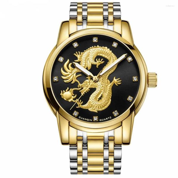 Bilek saatleri guanqin üst marka erkekler iş kuvars izle safir paslanmaz çelik su geçirmez lüks altın ejderha heykel saati reloj hombre