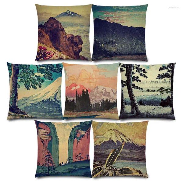 Cuscino in stile giapponese dipinto paesaggista Four Seasons Nature Scenery Mountains Fuji Trees Rivers Sea Cover Case