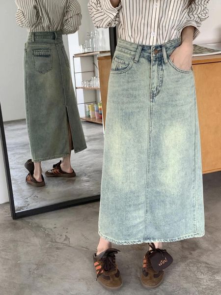 Etekler slergiri vintage mavi arka bölünmüş uzun denim etek kadınlar bahar ve yaz cep tasarım Kore moda düz maxi