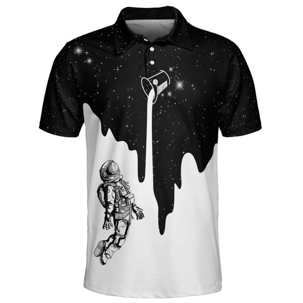 Novo verão de mangas curtas de manga curta astronauta imprimir camisa polo casual masculino masculino tampo superior