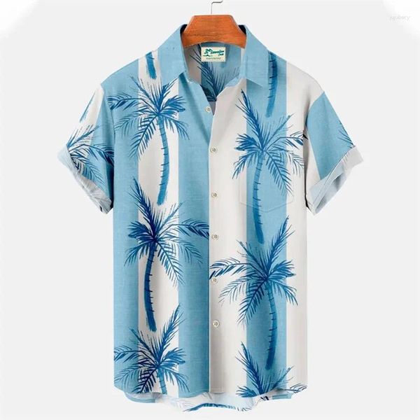 Мужские повседневные рубашки ретро -кокосовые деревья Рубашка море мужчины 3D Принт гавайской летняя модная пляжная блузка с короткими рукавами