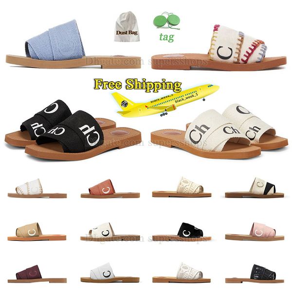 2024 Designer Womens Woody Sandals Flat Mule Slides Beige weiße schwarz rosa spitzen Schriftzeichen Canvas Slipper Sommer Zuhause Strand Schuhe Frauen berühmte Sandles kostenlos Versand