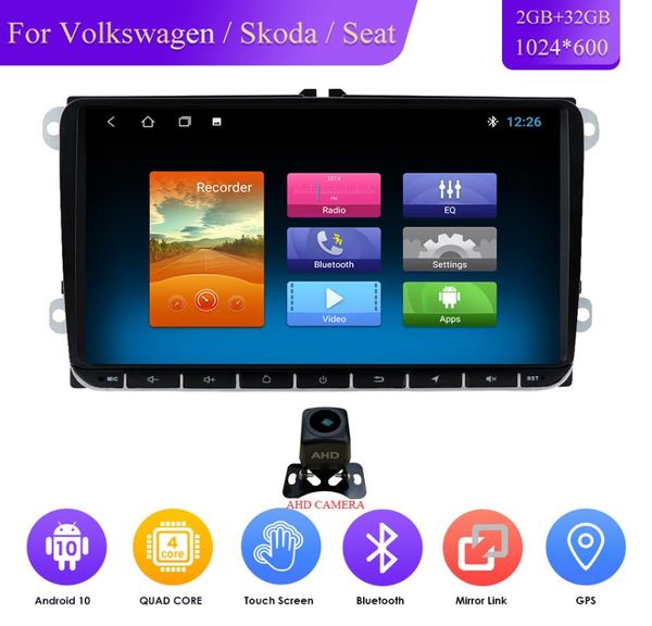 PLAYER Multimídia de carro Android 10 GPS 2 DIN CAR AUTORADIO Rádio para vwvolkswagengolfpolopassatb7b6seatleonskoda mic swc5106949