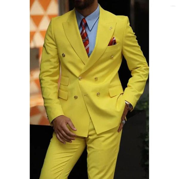 Abiti da uomo a doppio petto giallo per uomini casual slim fit da 2 pezzi pantaloni set di abiti di lusso abiti di fascia alta blazer