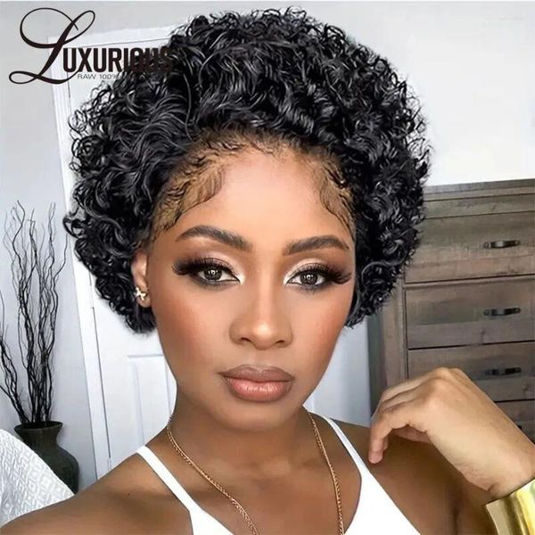 Pixie Cut Wig Wig Brasilian Water Wave Human Hair Wigs para mulheres negras 150% Deep Curly 13 1 Frente de renda