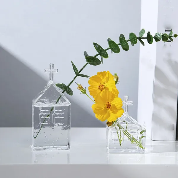 Vasen Nordic Style Häuser transparente Behälterflaschen Pflanzenanordnung Glas Blume Pot Desktop Dekor