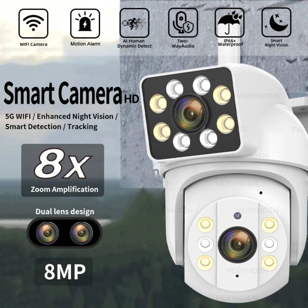 Kameras 8MP 5G 4K PTZ IP WiFI Camera Dual Objektivüberwachungskameras 8x Zoom Outdoor Security Wasserofes Nachtsicht Human Erkennung menschlicher Erkennung