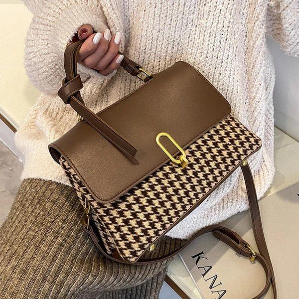 Umhängetaschen Jchensj Patchwork Houndstooth Frauentasche französischer Stil Square Herbst Brown Messenger Frau Handtasche