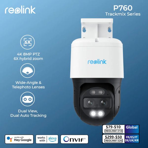 Câmeras Reolink Trackmix Series Poe Wi -Fi Câmera 4k Lente Dual Ptz Rastreamento automático Detecção de carros de animais de estimação ao ar livre 8MP Câmera de segurança IP