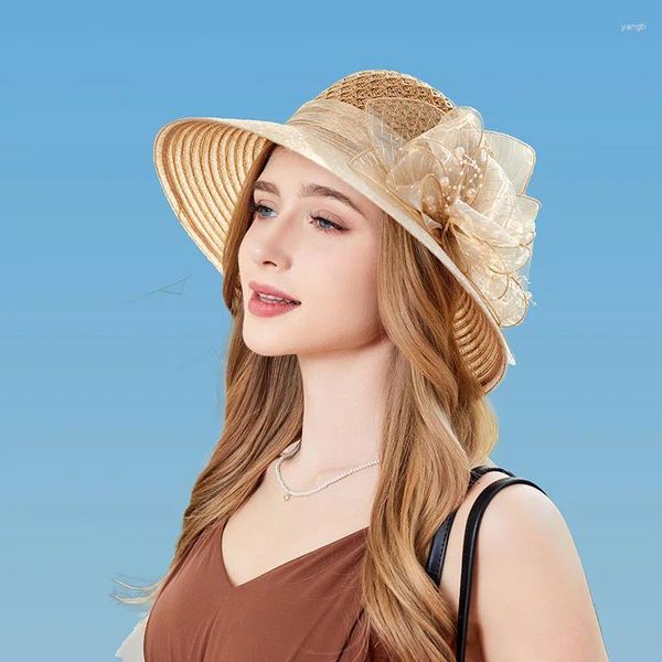 Cappelli larghi brim 2024 Fasi di moda Elegante cappello a maglie per donne Feste pieghevole per la festa estiva di protezione da sole Summer Sun Cappell