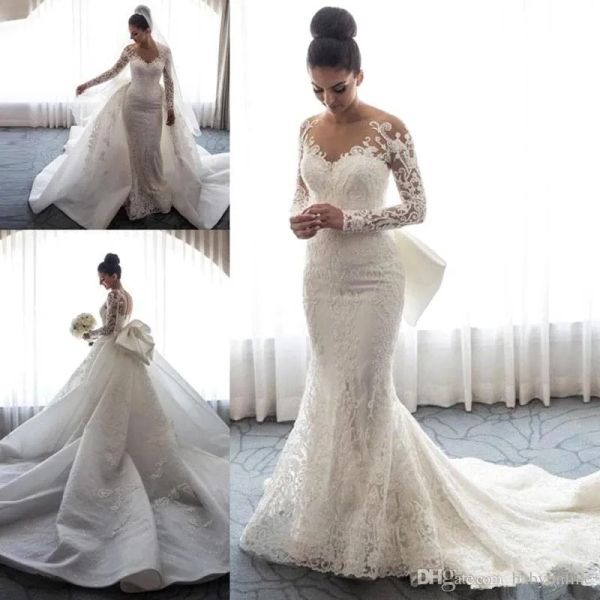 Kleider Wunderschöne Langschläre Meerjungfrau Hochzeitskleid 2019 Illusion Top Spitze Applikzen Brautkleider mit großen abnehmbaren Rock Bow Back Vestidos