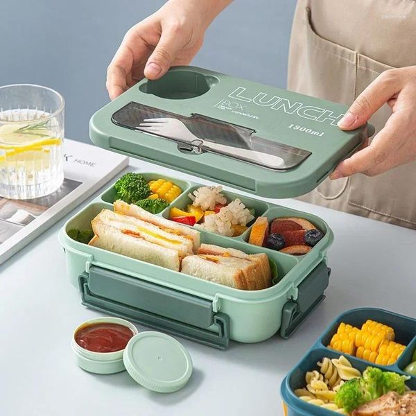 Compartimento de Dinnerware 1300ml Lunch Box portátil Kids Students Office Bento com Fork and Spoon Microondas Storage Container