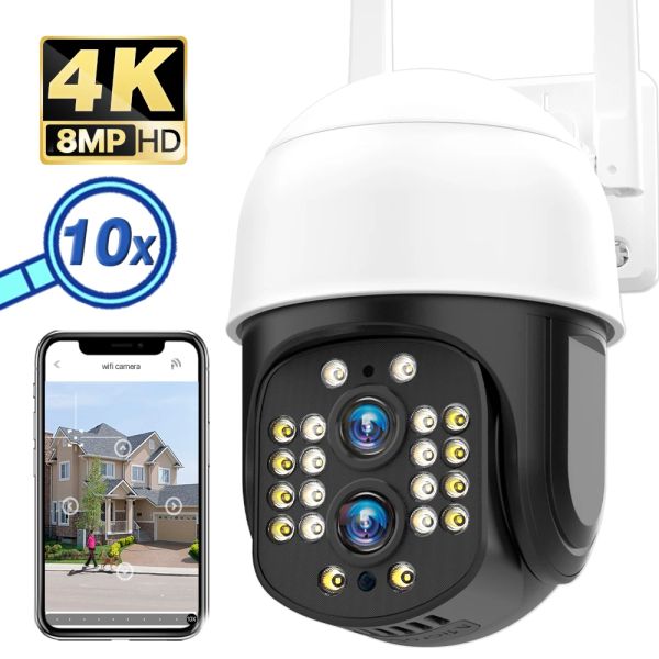 Câmeras 8mp 4k Duallens WiFi Câmera 4MP HD 10x Zoom PTZ Câmera IP Câmera Outdoor Speed Speed Dome Audio Segurança de segurança CAM IPC360 HOME