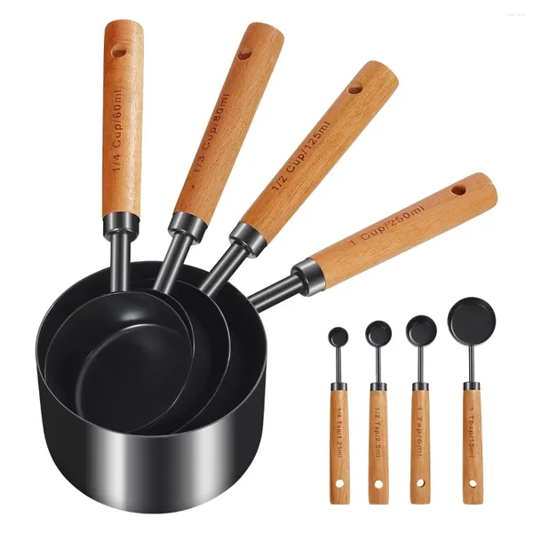 Misurazione degli strumenti tazze e cucchiai maniglia in legno con misurazioni statunitensi metriche tazza liquida secca 8pcs