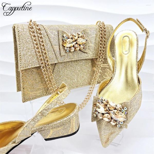 Elbise Ayakkabı Altın Kadınlar ve Çanta Moda Afrikalı Bayanlar Pompaları Çanta Orta Topuklu Sandals Escarpins Femme MM1152