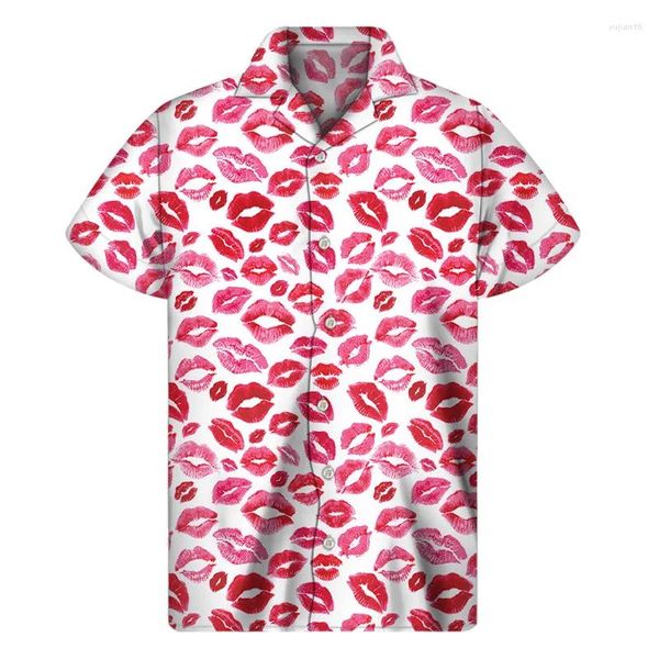 Camisas casuais masculinas Moda Red Lips 3D Camisa impressa Mulheres férias de verão Longas de mangas curtas Hawaiian Botão de lapela aloha blusa