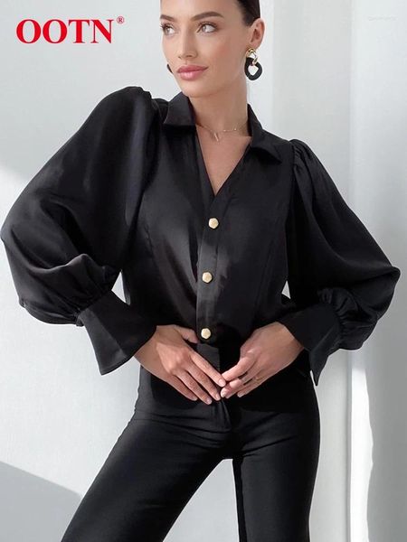 Blusas femininas sexy preto v pescoço camisa feminina elegante lanterna de lanterna cetim Blusa Office Slim Basted Ladies Tops 2024