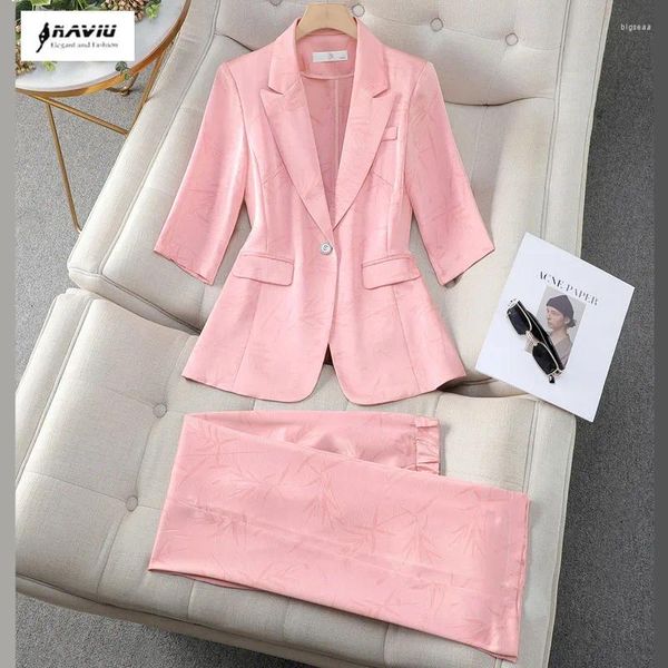 Damen zweisteuelhafte Hosen Naviu Sommersets für Frauen 2 Halbschlärm Blazer und Weitbeinanzug schick elegantes Business -Outfit Pink