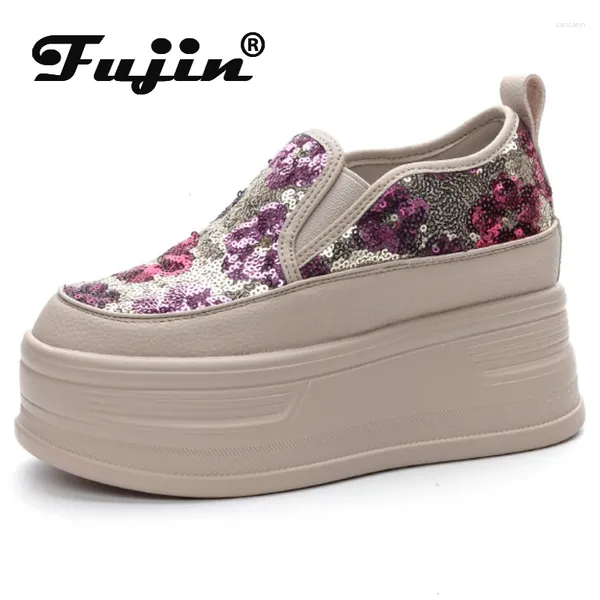 Kleiderschuhe Fujin 8cm Synthetische Plattform Wedge Flats Chunky Sneaker Casual Bling Leder Comfy High Brand Spring Fashion Herbst