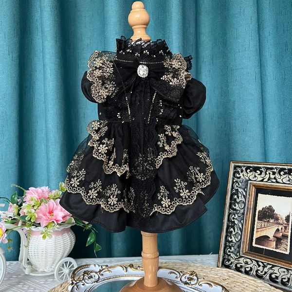 Trendy Haustierhundkleidung fein handgefertigt schwarze Baumwollspitze Bow Blume gesticktes Prinzessinkleid für kleine mittelgroße Hunde Chihuahua 240402