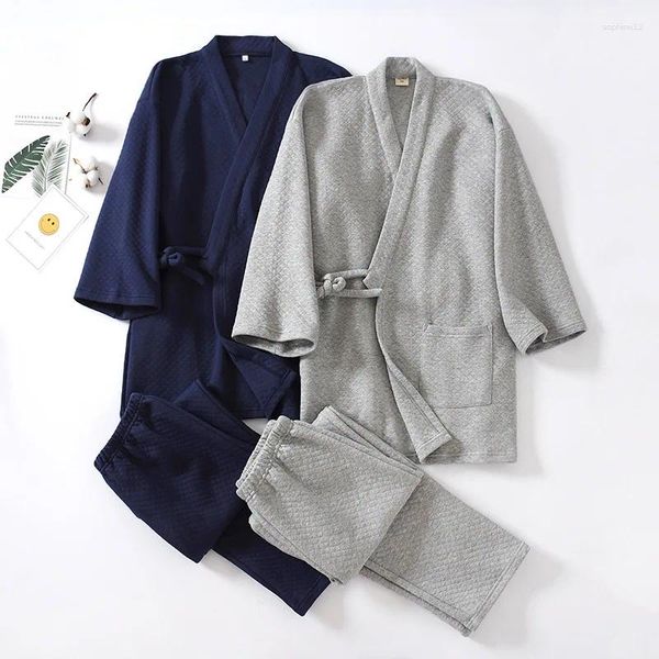 Heimkleidung Japanische traditionelle Bademantel Pyjamas Sets Kimono-Nachtwäsche für Mann Solid Farbe V-Ausschnitt Freizeit Yukata Nachthemd Homewear