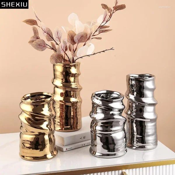 Vasos Gold/prata banhados de cerâmica vasos de flores arranjo decorativo