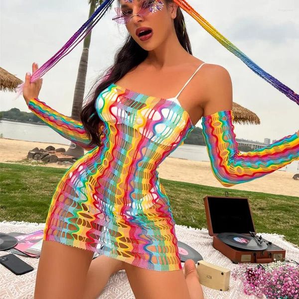 Şeffaf Plaj Giyin Bülten Out Bodysuit Bikini Cover Ups Rainbow Mayo Fishnet Tank Tops Kadın Mesh Elbise