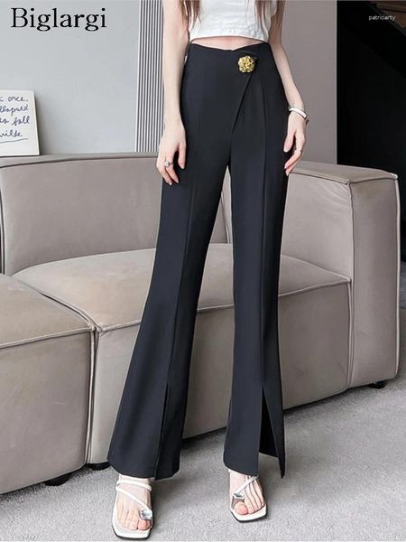 Frauenhose Frühling Sommer lang ausgestattete Hosen Frauen unregelmäßige hohe Taille Mode Splim Slim Damen Hosen koreanische Stil Falten Frau