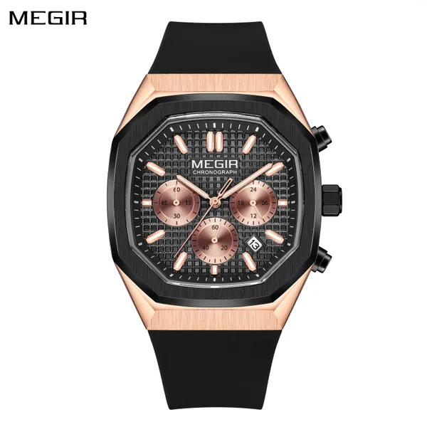 Relógios de pulso megir rose rose preto moda esporte strate de pulseira cronógrafo relógio silicone quartzo vintage watch business regulação masculino