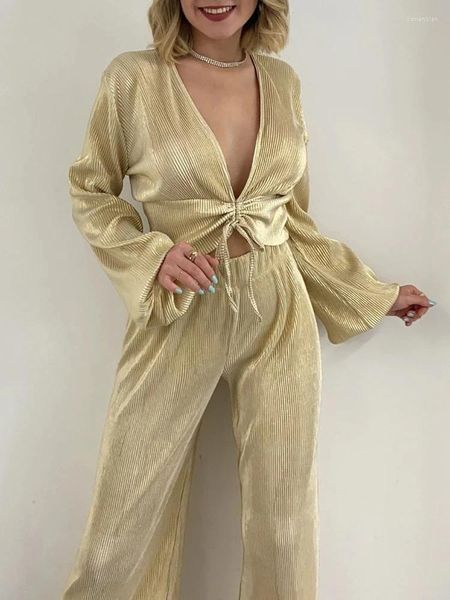 Heimkleidung Frauen Pyjamas 2 -teilige Set Casual Long Sleeve Sem Button Down Hemd Wide Lein Hosen Loungewear Sets Streetwear Outfits