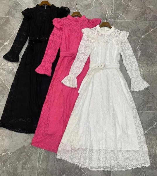 Vestidos casuais de alta qualidade renda vestido comprido 2024 Partido de primavera noite mulher allover bordado cinturão maxi branco rosa