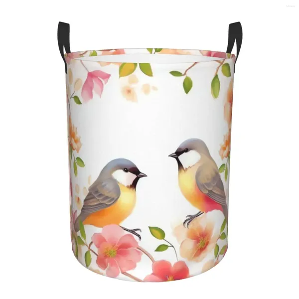 Bolsas de lavanderia Flor and Bird Print Basicing Tester Circular Organizador de armazenamento à prova d'água com alças para roupas