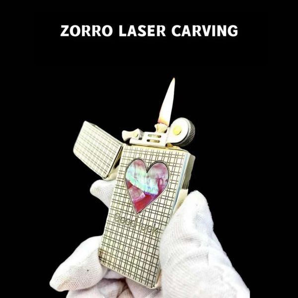 Zorro Metal Ultra Thin Thin Kerosene Ligher Двусторонняя лазерная скульптура настоящая цветная оболочка инкрустации шлифовального колеса зажигание модных подарков