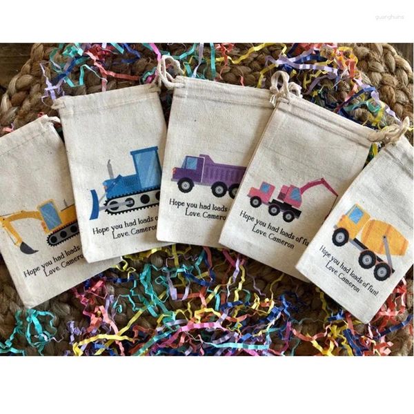 Draw String Construction Trucks Bag 10pcs Personalisierte Baumwoll -Geburtstagsfeiern Bevorzugung Taschen Taufgeschenk Welcome Treat Treat