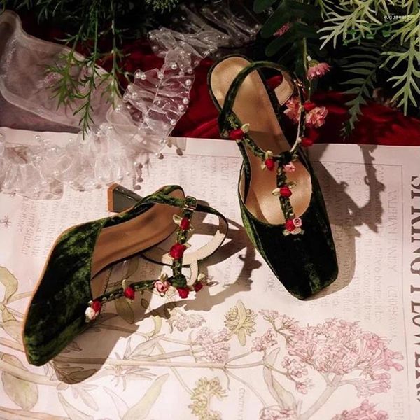 Scarpe eleganti vintage fiori di vite da donna quadrata a cnocchia di velluto verde bassa tacchi a bassa serata da sera 6 cm