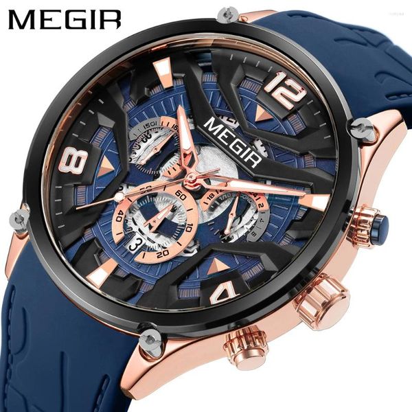 Orologi da polso megir sport militare in quarzo orologio uomo navy blu silicone cintura impermeabile orologio da polso maschile con cronografo da appuntamento mani luminose