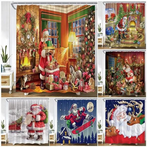 Duschvorhänge Weihnachtsvorhang Spaß Santa Claus Weihnachtsbaum Kamin Geschenk Ölgemälde Kunst Winterjahr Feiertag Stoff Badezimmerdekoration