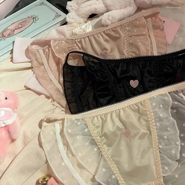 Kadın Panties Pamuk Aşk İpek Saten Nakış Kawaii Dantel Fırfır Güzel Orta Bel Nefes Alabilir Tatlı Prenses Seksi İç Çamaşır Kılavuzu