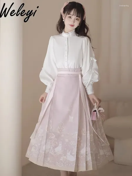 Vestidos de trabalho Original Ming Hanfu Feminino Midi Saias Mulher Mulher Autumn Style National Han camise