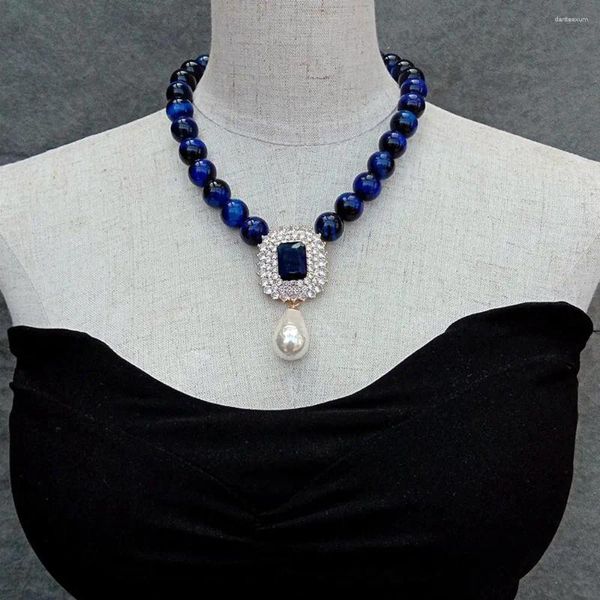 Anhänger Yygeem Blue Tiger Augen Halskette Kubikzirkonias Pave White Shell Pearl Anhänger für Frauen