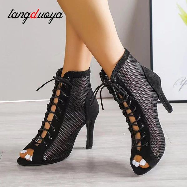 Kleiderschuhe Bachata Social Dance Booties High Heels Schwarze Salsa Latin Stiefel für Frauen dünne Sandalen