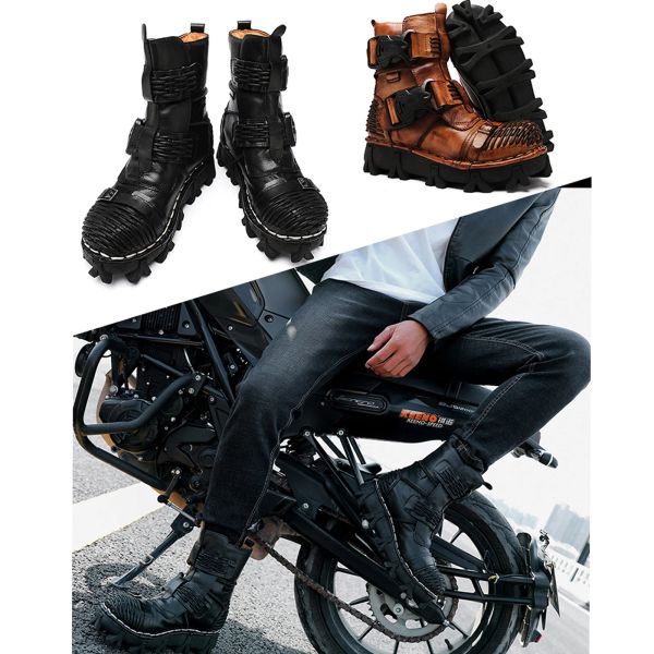 Botas de botas de couro genuíno masculino Botas de motocicleta de botas de motocicleta