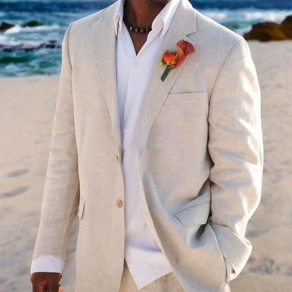 Ternos masculinos Casamento de linho bege para homens praia 2 PCs noivo Tuxedo Summer American Style Soone com calças 2024