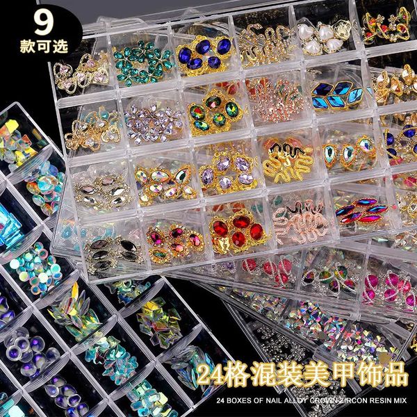 Luxury 24 Grid Set Box Box Misture Alloy Nail Art Jewelry Charm Big Diamond Colorfor Decoration Acessórios 240328