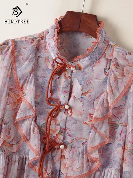 Camicette da donna birdtree estate autunno gelso camicia cinese in stile cinese per donne bordo fatta a mano camicetta stampata t38043qc