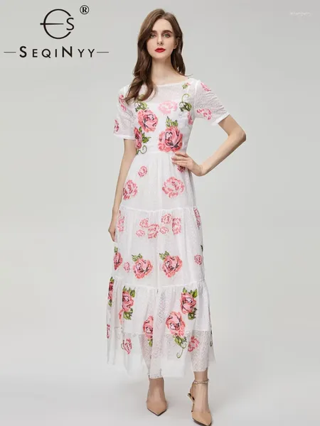 Abiti per feste Seqinyy Elegant White Dress Summer Spring Fashion Design Women Runway Vintage Pink Flower ricamo in pizzo High Street